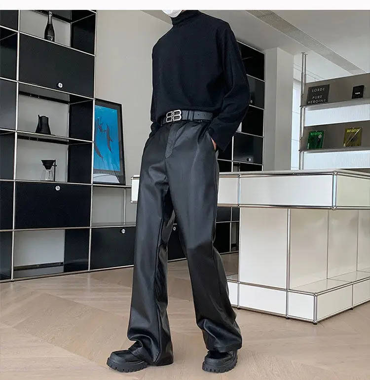 Men's Korean Streetwear Fashion Vintage Loose Causal Leather Micro Flared Pants Man American Style High Street Trousers