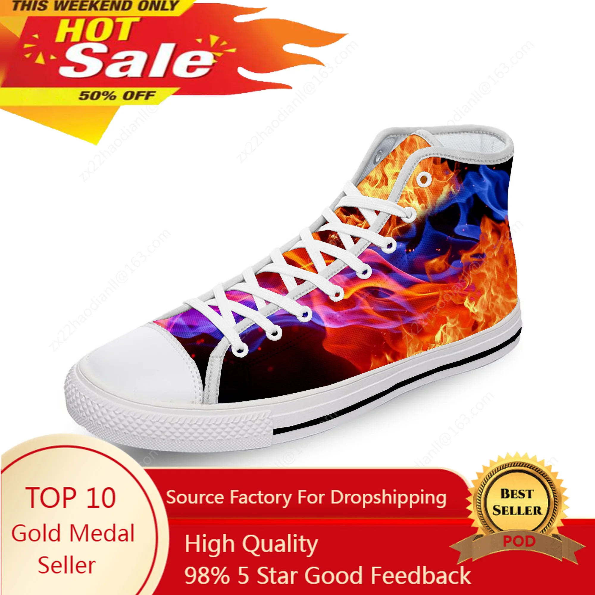 Anime Cartoon Flaming Flame Fire White Cloth Fashion 3D Print High Top Canvas Shoes Men Women Lightweight Breathable Sneakers