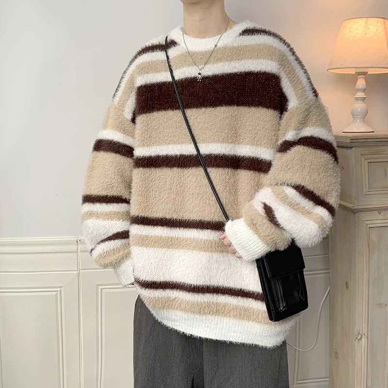 

2022 Winter Men's Round Neck Thickened Knitting Stripe Printing Wool Sweater Retro Lazy Style Oversized Pullover Keep Warm Coats