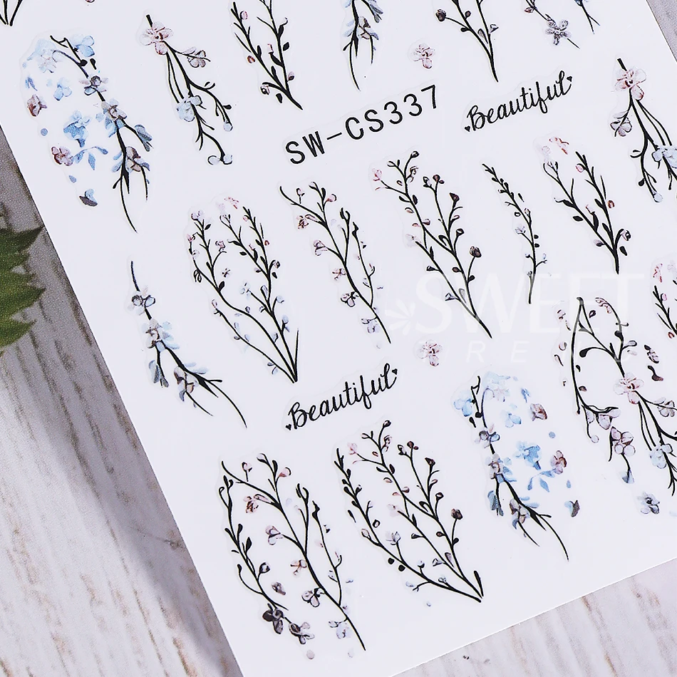 2pcs Elegant Flower Nail Art Stickers Retro Petals Leaf Vine Design Adhesive Nail Decals Sliders DIY Spring Manicure Decoration