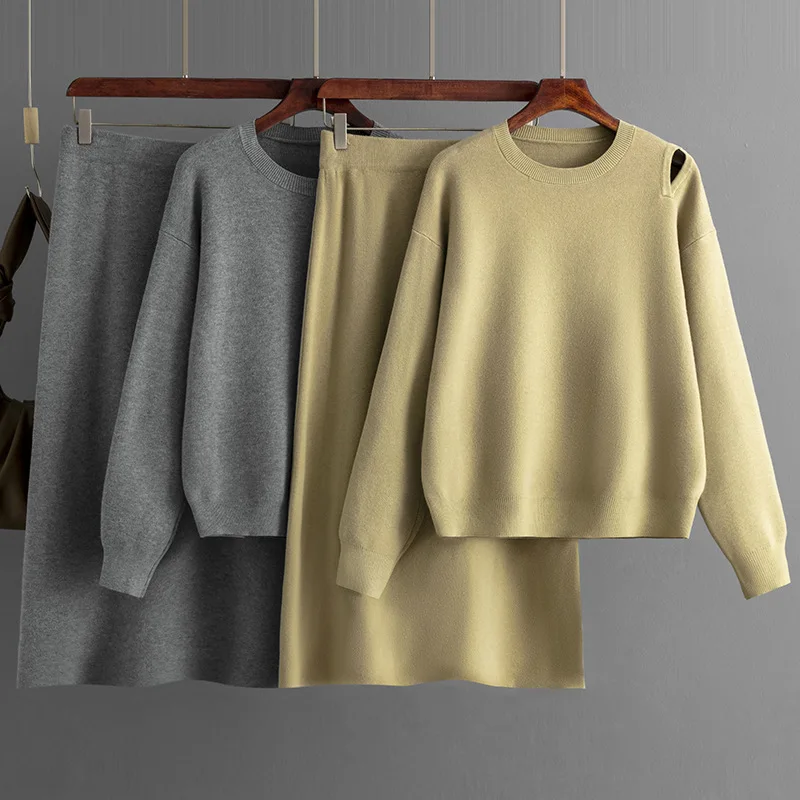 

HLBCBG Women Sweater Knitted Suits O Neck Long Sleeve Pullover Elastic Waist Bodycon Skirt Winter Fashion Solid Sweater Sets