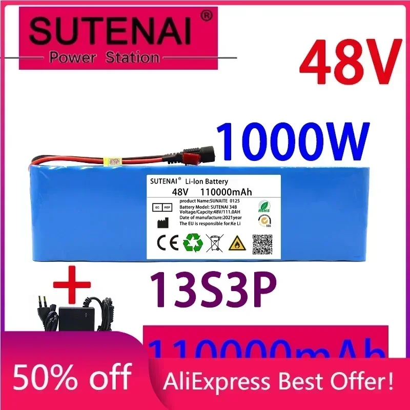 

48v110ah 1000W 13s3p 48V 18650 Li ion battery pack for 54.6V E-bike scooter with BMS + 54.6V CHARGER + backup battery