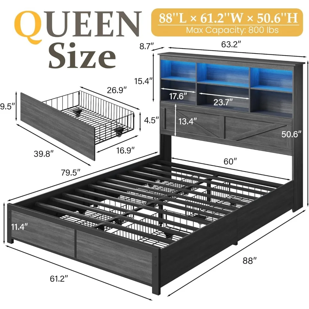 Queen Bed Frame with Headboard, Queen Bed Frame with High Storage Bookcase, 4 Storage Drawers & LED & Charging Station 6