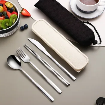 Set di stoviglie posate portatili in acciaio inossidabile 304 coltello da tavola forchetta cucchiaio bacchette abito in quattro pezzi con posate da viaggio in scatola 1