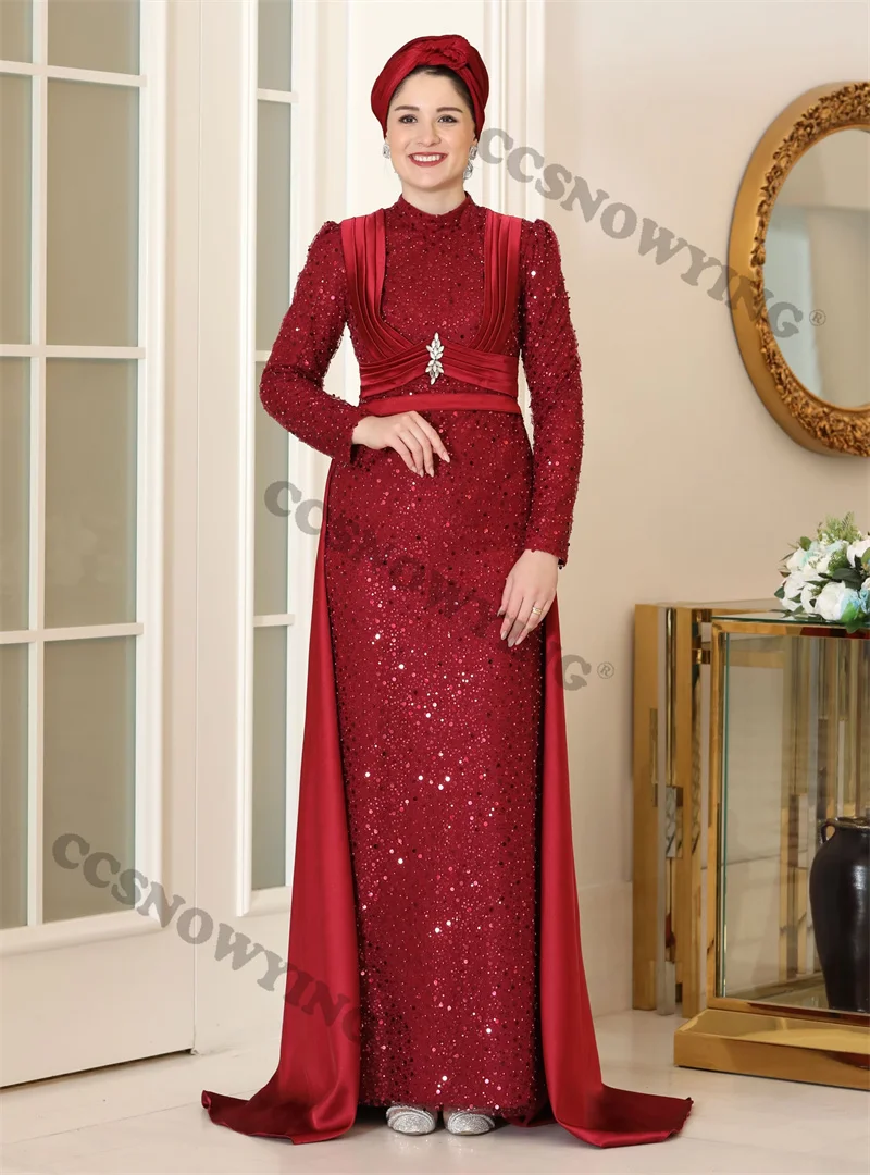 

Sparkly Sequin Beaded Muslim Evening Dresses Hijab Long Sleeve Islamic Formal Party Gown Women Arabic Dubai Robes De Soirée