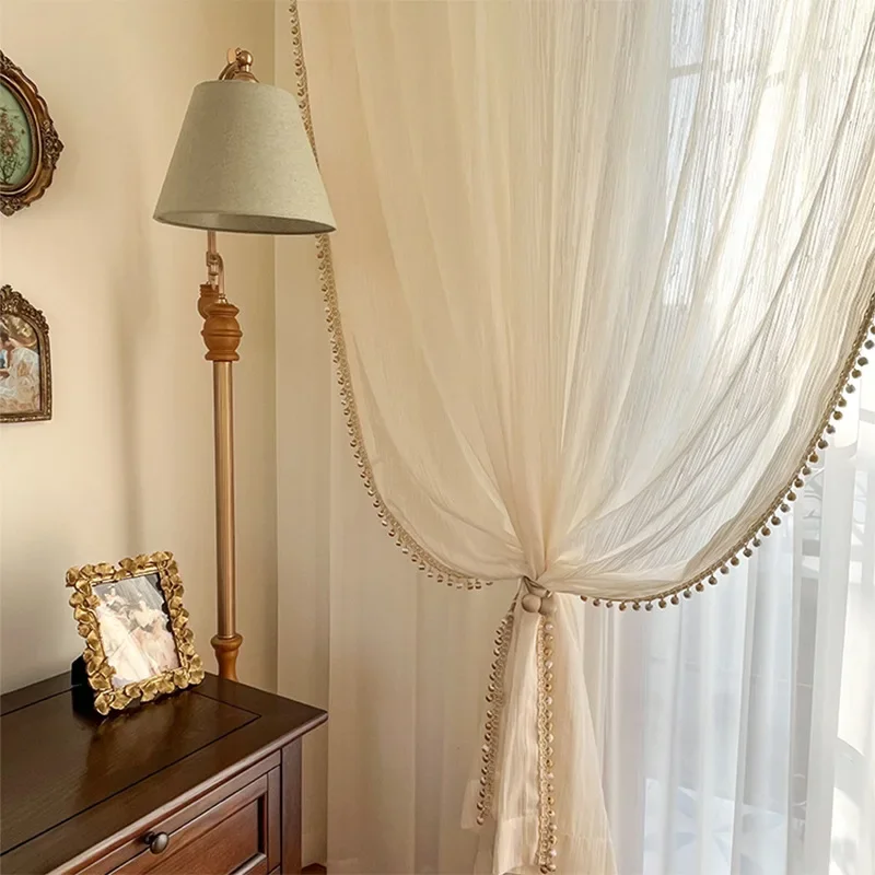 Nordic Luxury Simple Ripple White Tulle Lace Bead Sheer Curtains for Living Room Bedroom Dining Window Blackout Transparent Door 4