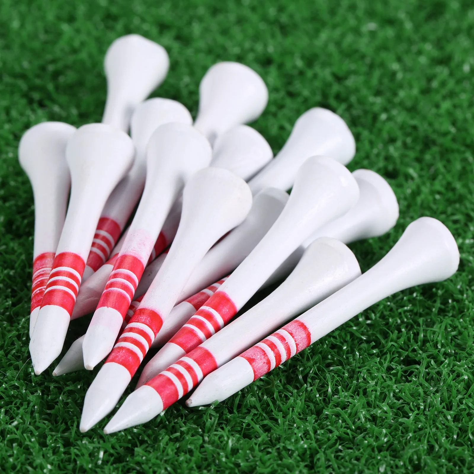 Description Picture 5 of item25pcs Professional Golf Tees White with Red/Yellow/Blue Stripe Mark Scale 53mm/69mm/83mm Wooden Golf Ball Tees Practice Supplies