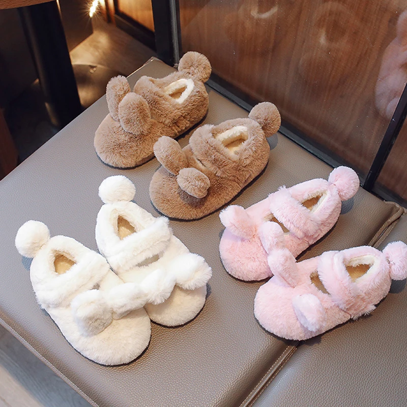 Plush Animal Shoes For Kid Girl Winter Warm Fur Ballet Flats Baby Round Toe Fluffy Mary Janes Toddler Child Soft Rabbit Loafers