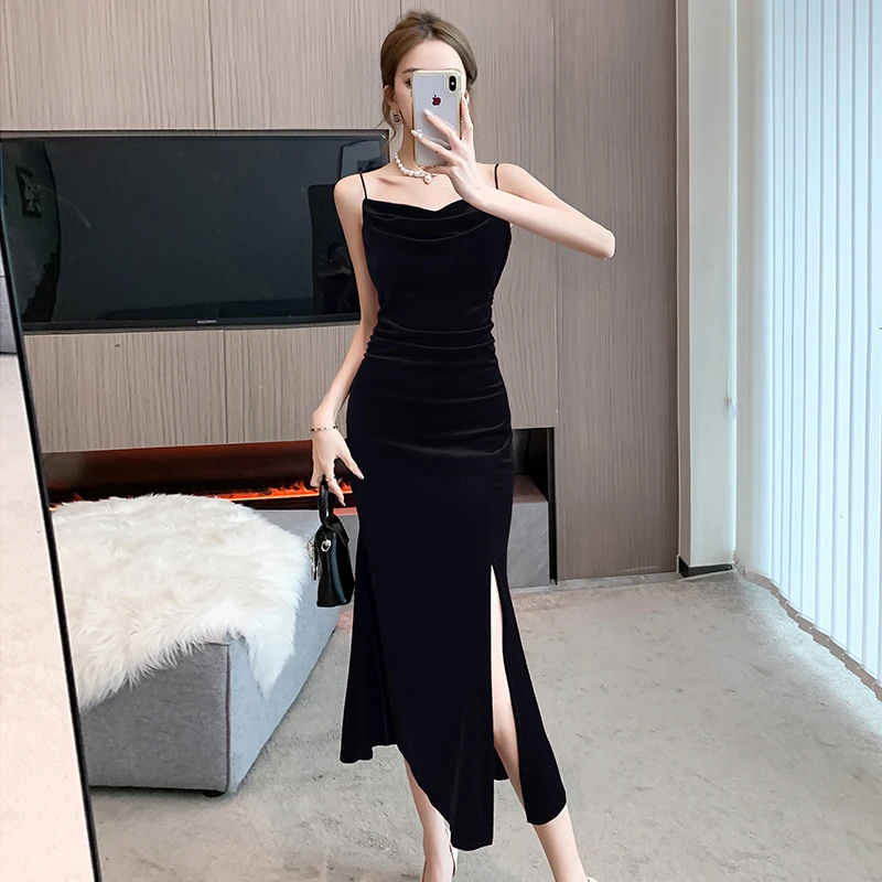 Sexy Vintage Split Velvet Spaghetti Strap Midi Dresses for Women
