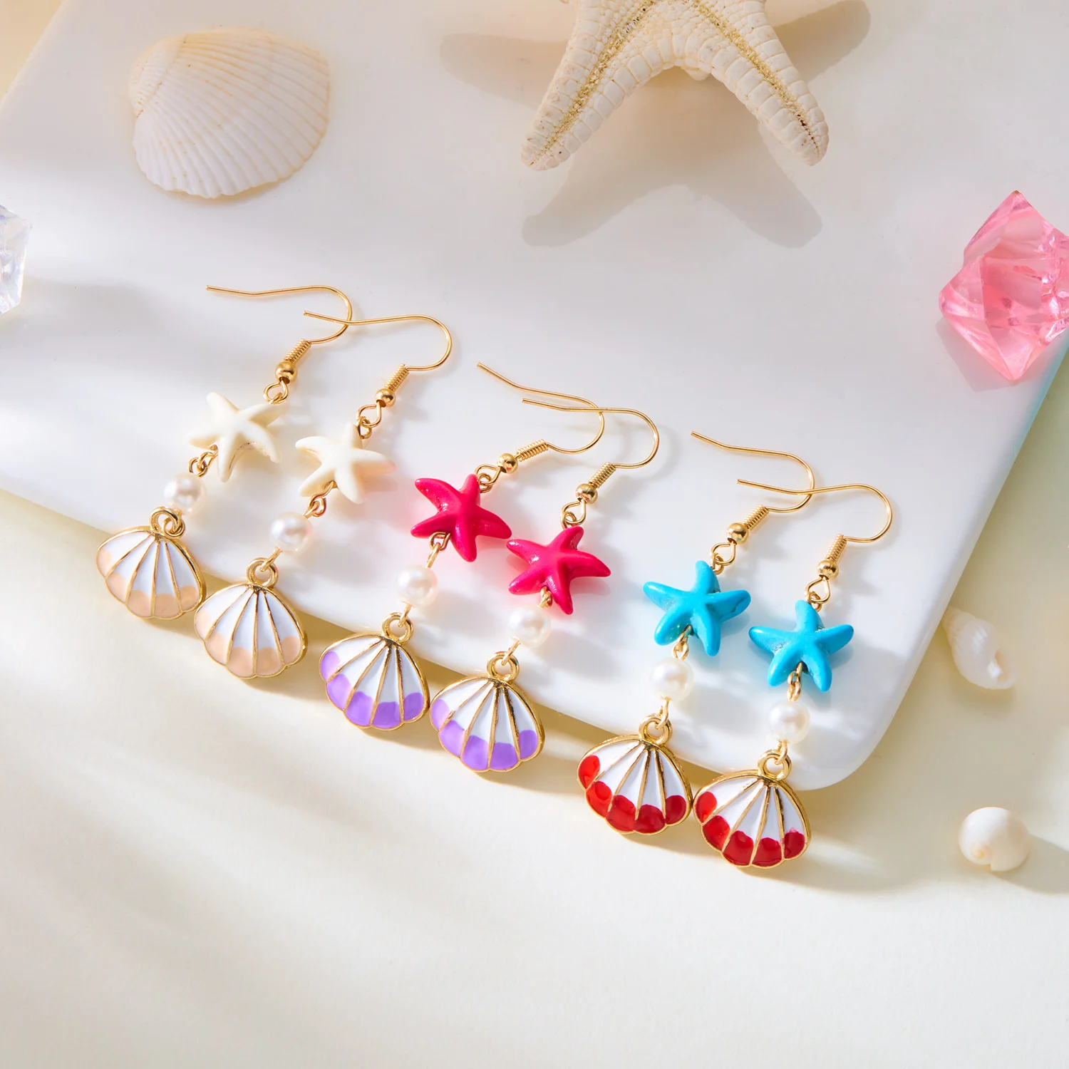 Boho Seestern-Muschel-Ohrhänger für Damen, goldfarben, Sommer-Strand-Ohrringe, Urlaubs- und Strand-Schmuck-Accessoires