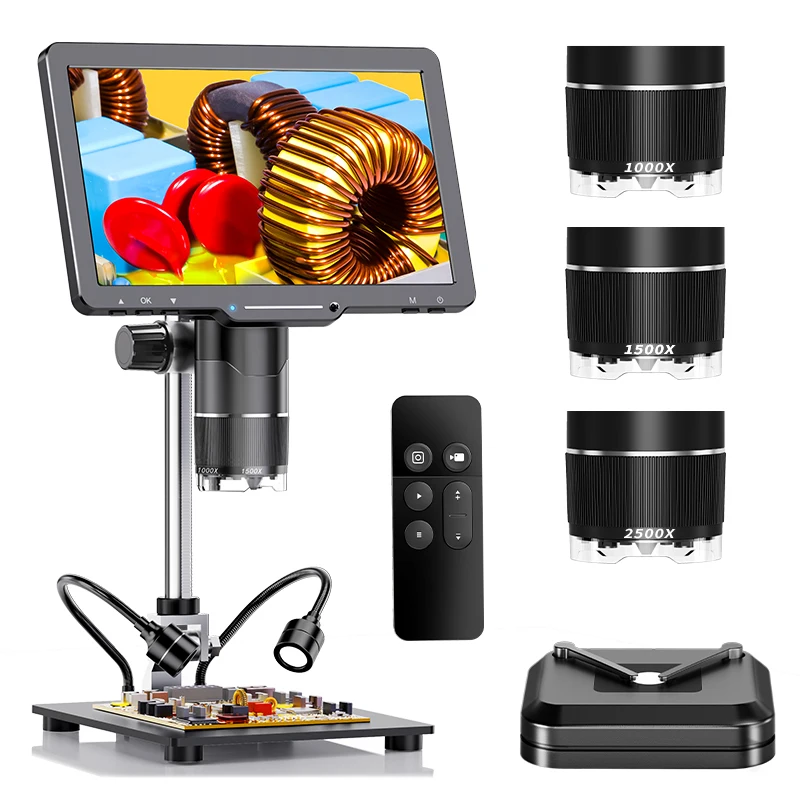 2K 디지털 HDMI 현미경 3 렌즈 조절 가능 1000x-2500X 비디오 카메라 10.1 IPS 스크린 LED 코인 DIY 전화 수리 납땜 도구