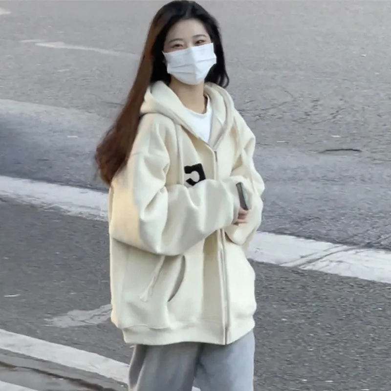 2023 New Early Autumn Hoodie Plus Fleece Thickened Short-Length Hoodie Women Loose Casual All-match Trend Cardigan Coat