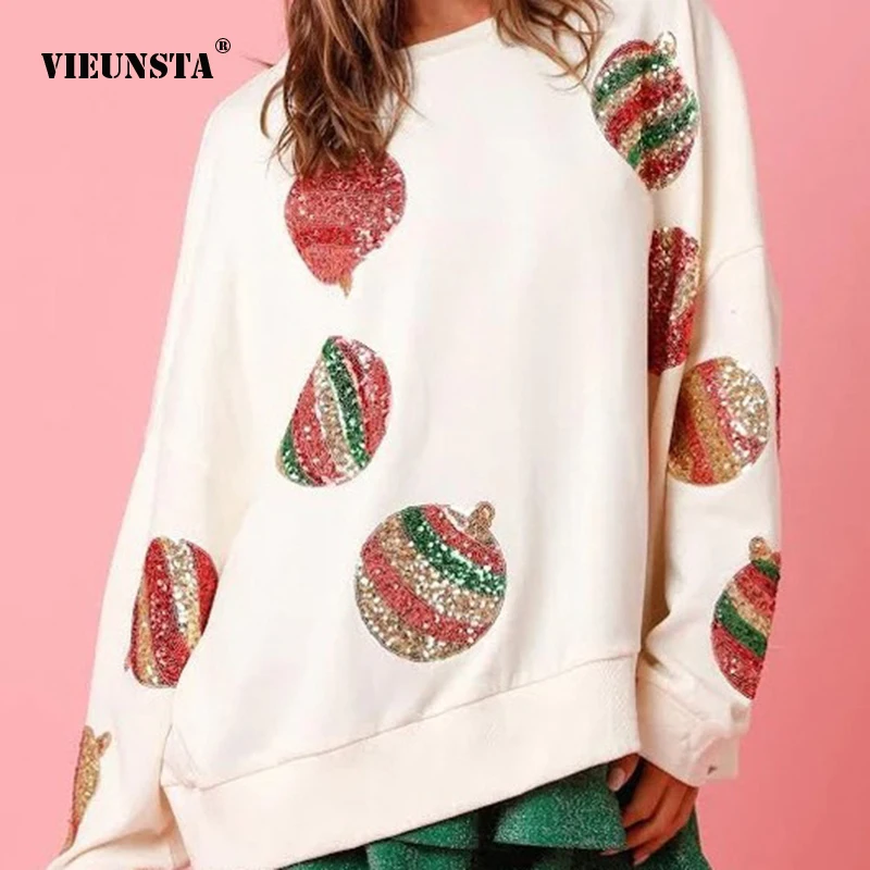 

Sequin Spliced Christmas Sweatshirts Women's Long Sleeved Round Neck Casual Pullover Autumn Winter Fashion Streetwear Sweatshirt
