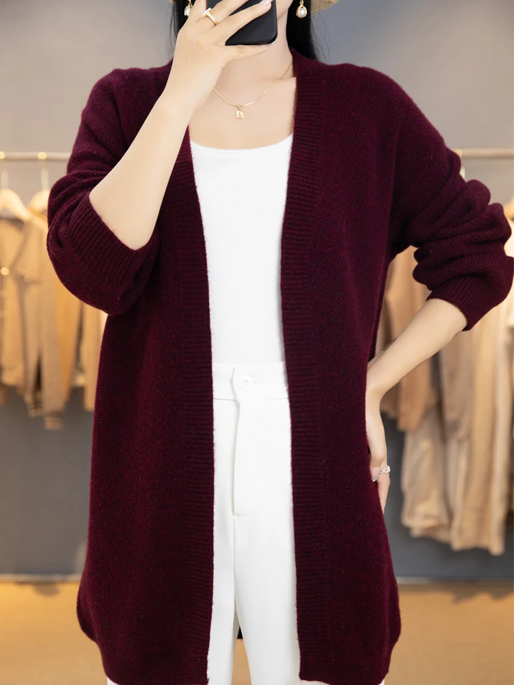 ADDONEE Women Long Cardigan Autumn Winter Cashmere Sweater Casual Loose Style Coat 100% Merino Wool Knitwear Korean Fashion Tops 4