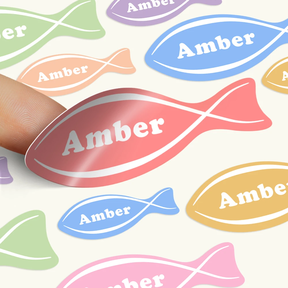 맞춤형 문구 데칼 맞춤형 이름 접착 라벨, 방수 이름 스티커, 어린이 사탕 물고기 병 태그, 100 개