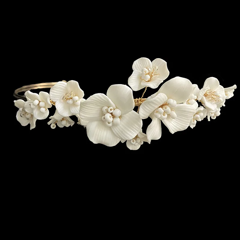 Bridal Hair Jewelry Vintage Gold Headband Hairband Porcelain Flower Headpiece Headdress For Brides Headwear Wedding Accessories