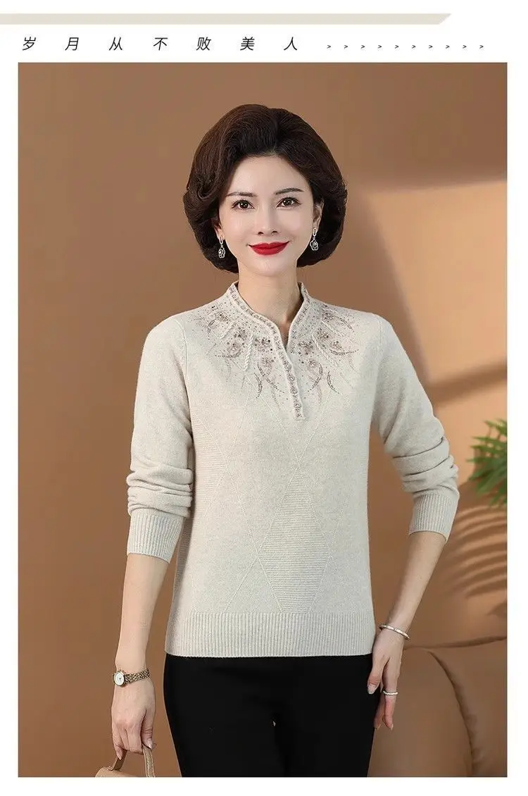 Women's Spring Autumn Sweater Diamond Keep Warm In Winter Plus Size Pullover Wool Korean Fashion Chinese Style Cheongsam Collar