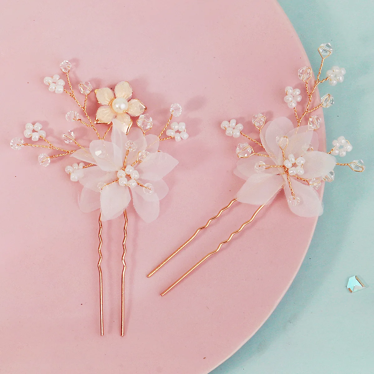 2-teiliges Set Perlenblumen-Haarnadeln für Damen, Funkelnde Kristall-Haarspangen, Festliches Haaraccessoire, U-förmige Haarnadel – Detail 15