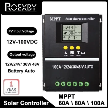 ROEXBY 태양광 충전 컨트롤러 도구, MPPT 12V, 24V, 36V, 48V LCD 듀얼 USB 고속 충전기, 납산 리튬 배터리, 100A, 80A, 60A