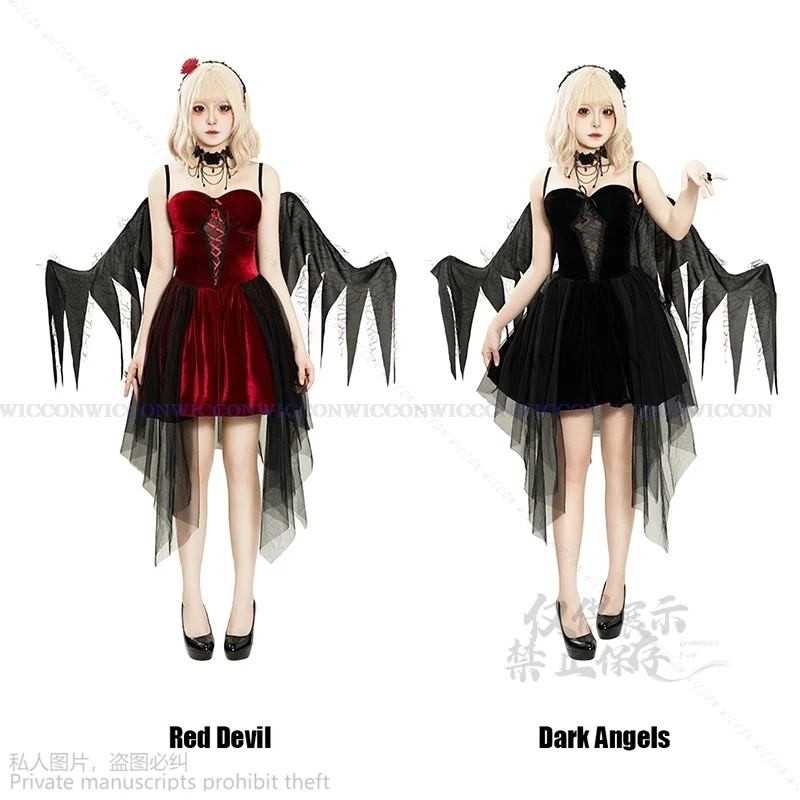 

Anime Red Devil Cosplay Lolita Dress Dark Angles Roleplay Witch Cos Sexy Dark Red Leather Dress Women Halloween Costume Party