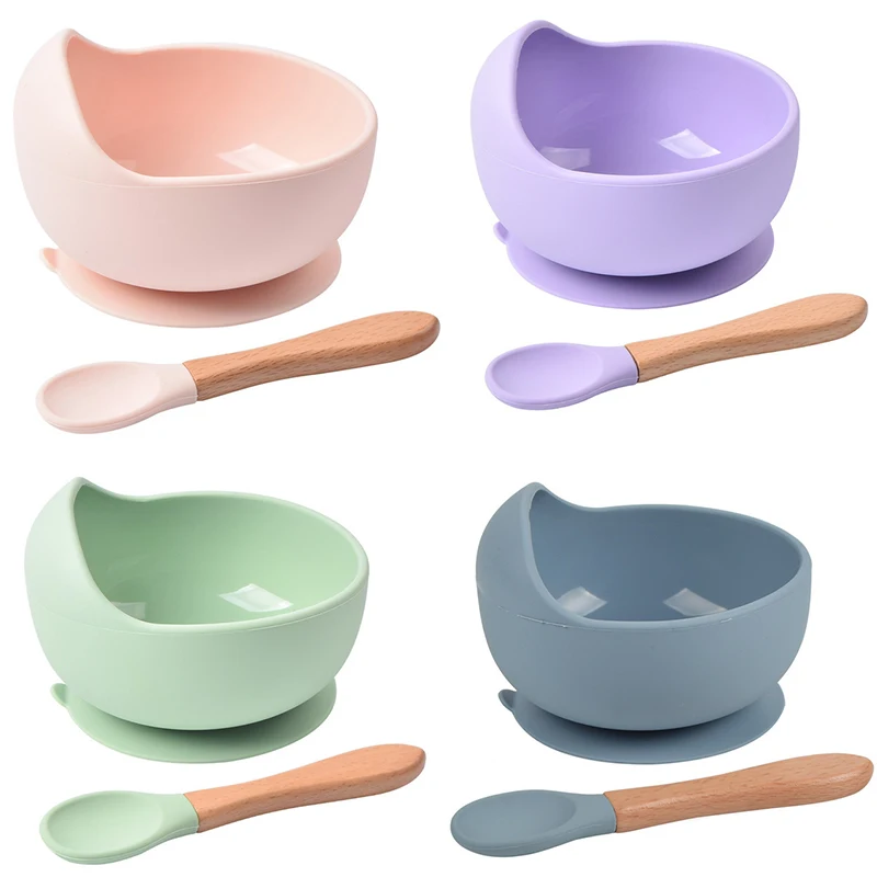 Baby Silicone Bowl Set BPA Free Non-slip Children's Suction Bowl Wooden Handle Silicone Spoon Food Grade Waterproof Tableware