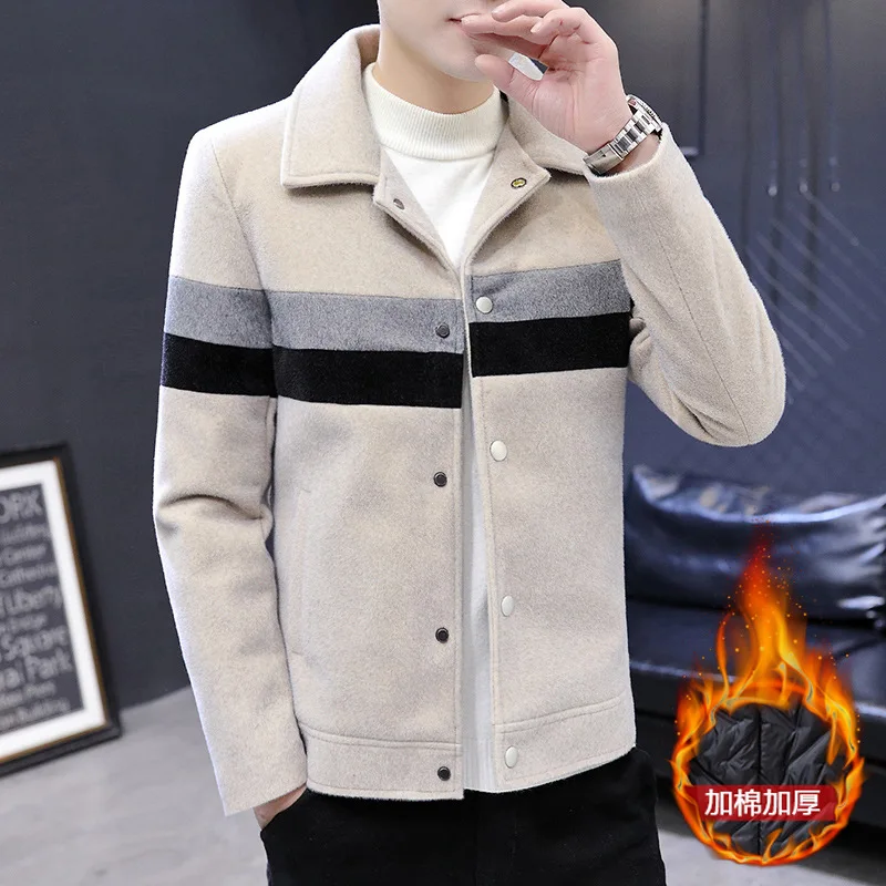 

2023 Men's Winter Cotton plus Color Stitching Turnover Neck Woolen Jacket Slim Fit Youth Woolen Jacket