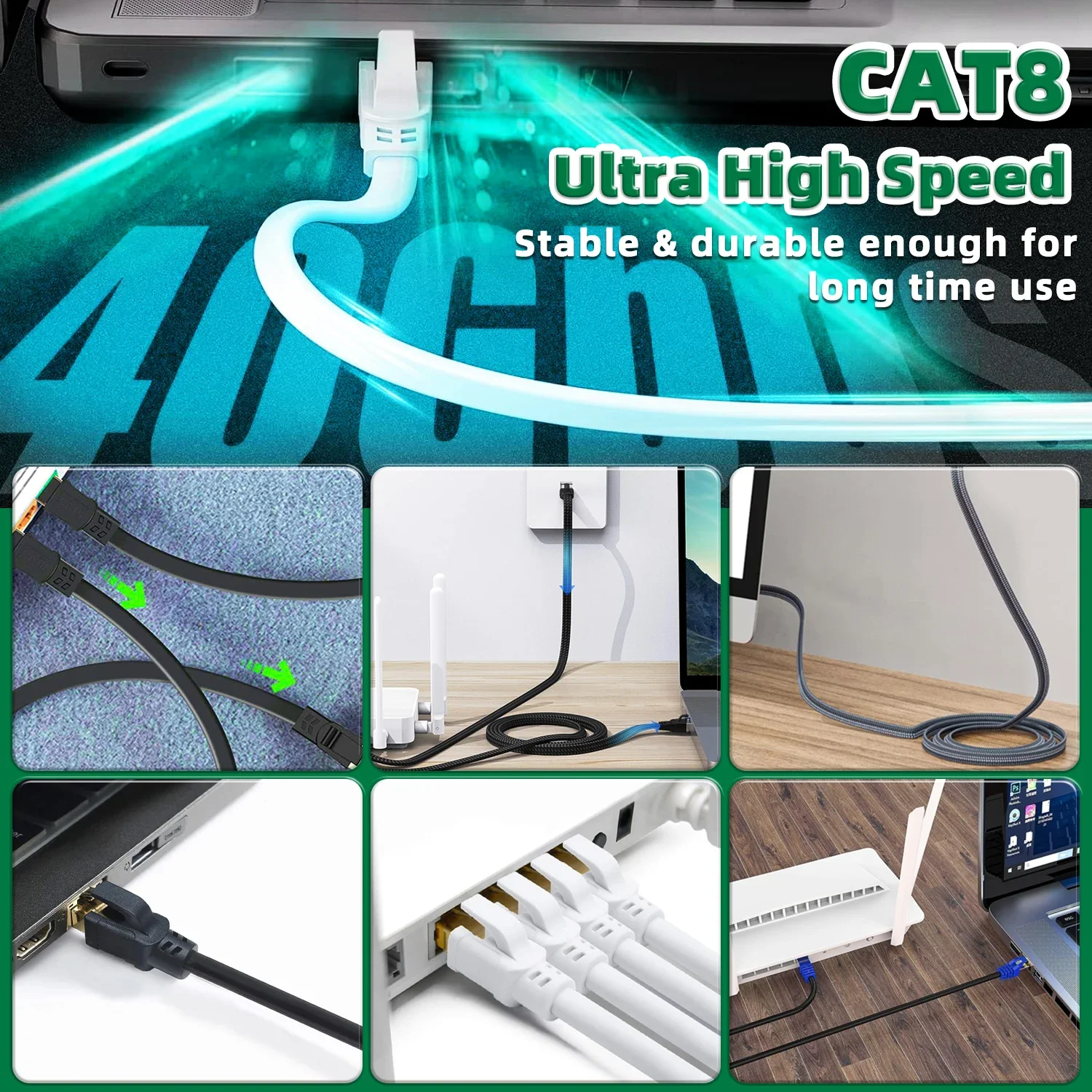 Cat8 Ethernet Cable Flat Lan Cable High Speed RJ45 40Gbps Home Networking Router Modem Computer PC Ps4 TV Laptops