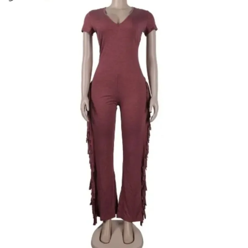 Solid Tassel Bodycon Jumpsuit for Women Autumn 2023 V-neck Short Sleeve High Waist Casual Skinny Y2k Rompers Trends Streetwear