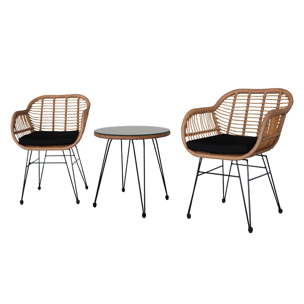 3 pcs Wicker Rattan Patio Conversation Set with Tempered Glass Table  Flaxen Yellow 5