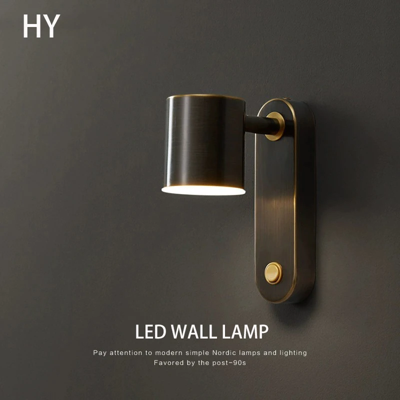 All Copper LED Wall Lamp Light Luxury Simple Sofa Background Rotatable Lights Nordic With Switch Bedroom Bedside Light Fixture