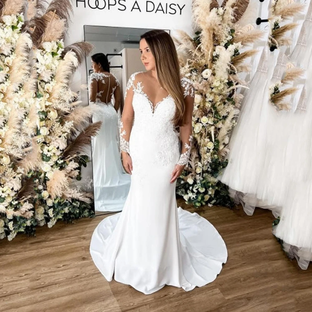 

Msikoods Soft Satin Bridal Gown Long Sleeves Appliques Lace Wedding Dresses Boho Court Train illusion Button Bride Dress
