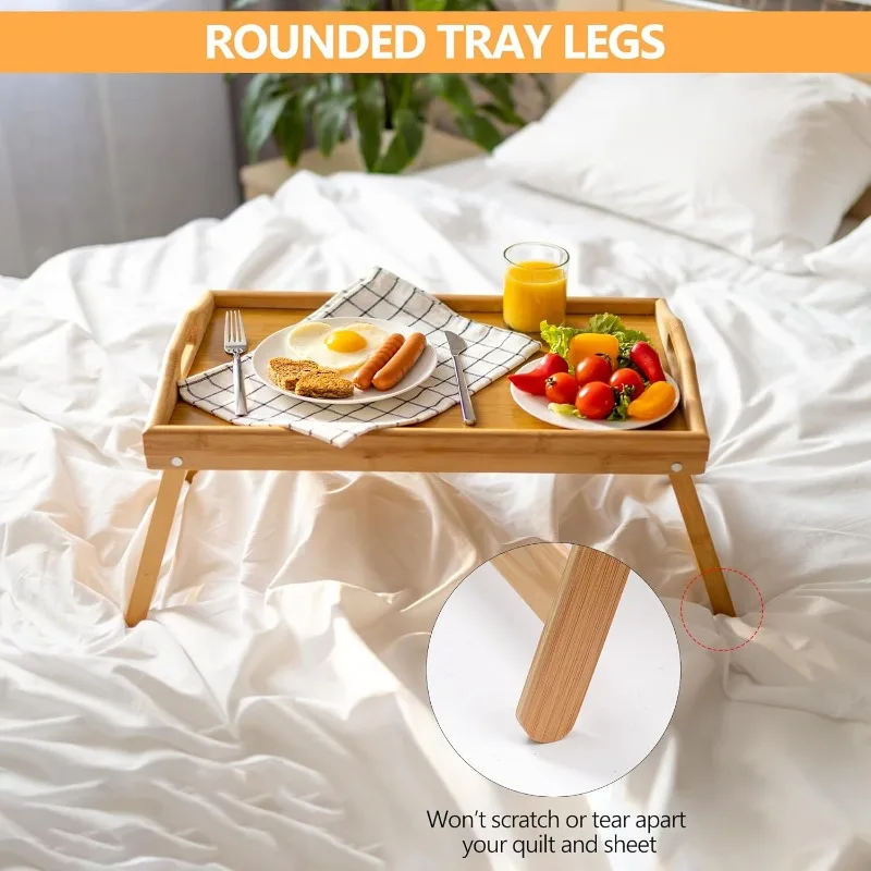 2 Pack Bed Tray Tables for Eating, 20 x 12 Inch Large Bamboo Breakfast Tray with Folding Legs and Handles