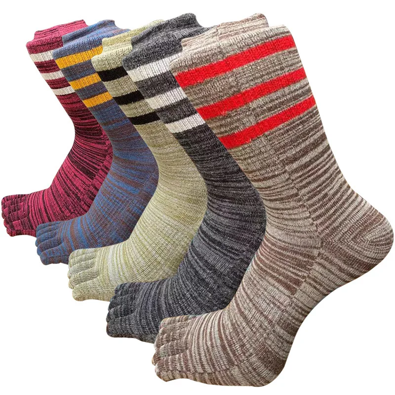 5 Pairs Large Colorful Compression Sport Toe Socks Men's Cotton Striped Long Harajuku 5 Finger Socks with Toes Male Fashions