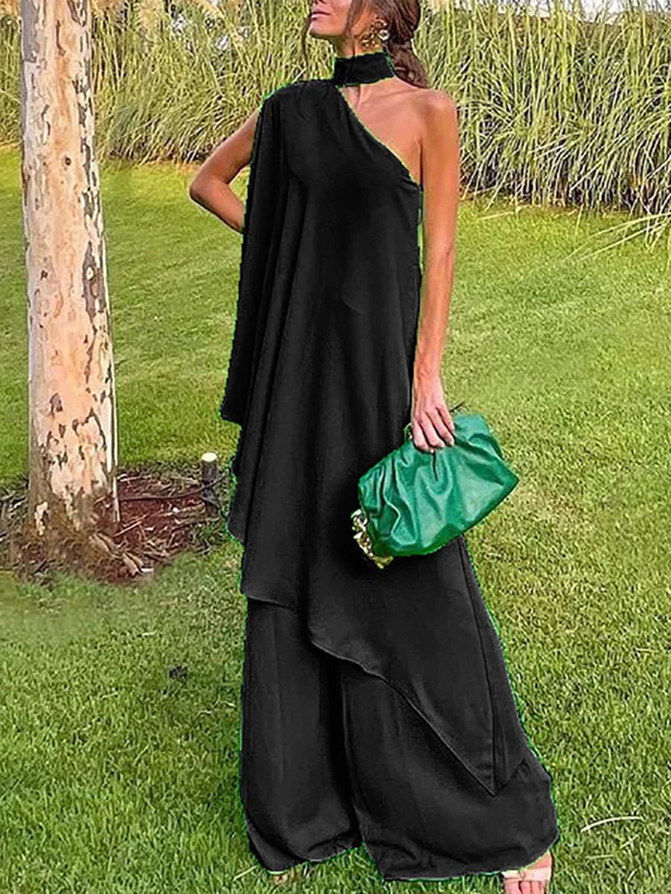 

Women Sleeveless Wide Leg Pants Summer Suit Sexy One Shoulder Streetwear Matching Set Elegant Office Lady Solid Loose Outfits