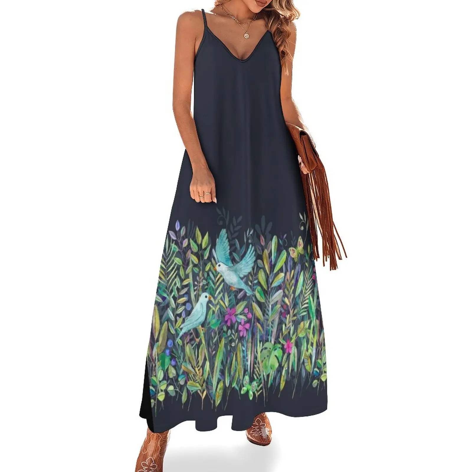 

Little Garden Birds in Watercolor Sleeveless Dress women's elegant loose dresses Summer skirt dresses with long sleeves