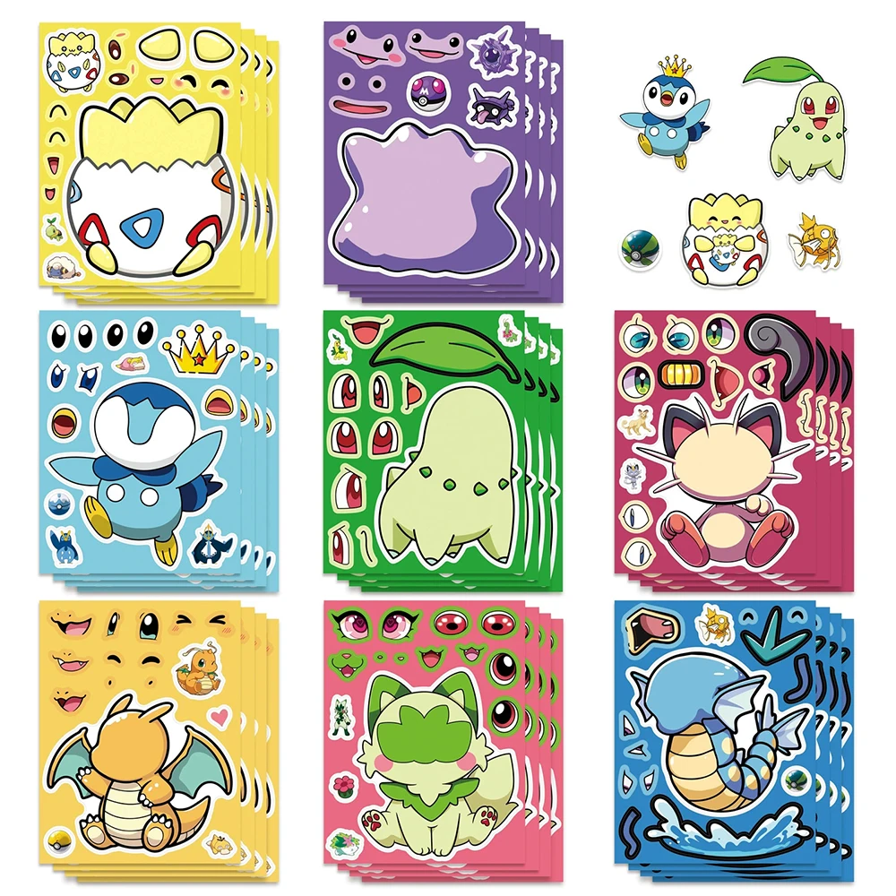 8/16 Blatt Niedliche Pokemon Meowth Pikachu Anime Puzzle-Aufkleber zum Gesichter-Machen, DIY Cartoon Zusammenbau-Puzzle-Sticker für Party-Spielzeug-Geschenk