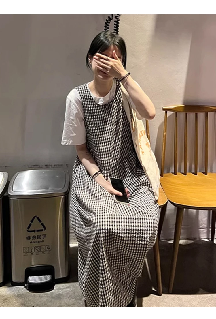 Summer Pregnant Women Plaid Dress Suits Short Sleeves Cotton T-Shirt Sundress Twinset Clothes Set Maternity Dress with Shirts