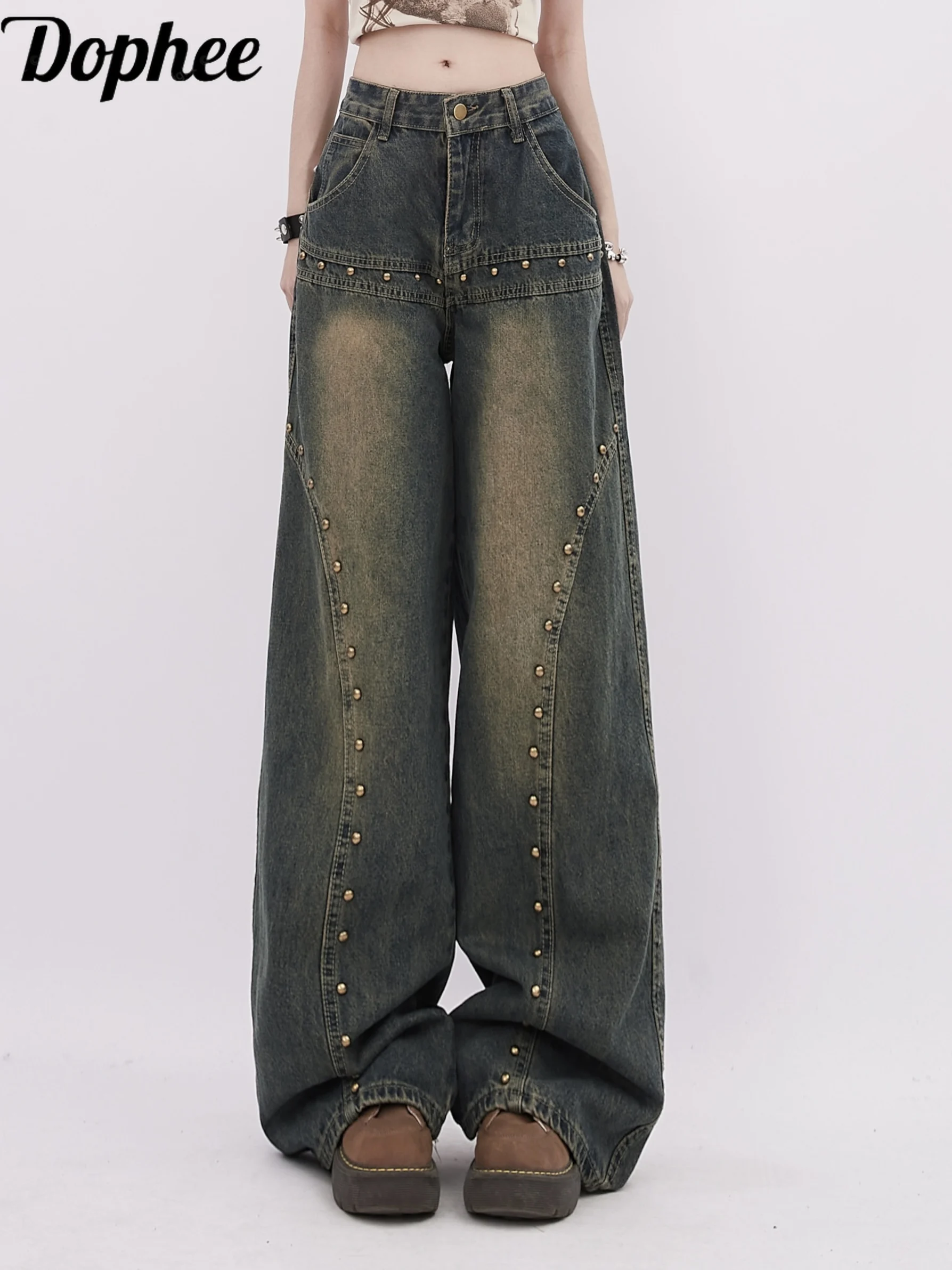 

Dophee New Spring Autumn Women Long Denim Trousers American High Street Spice Girls Rivet Washed Wide Leg Pants Casual Jeans