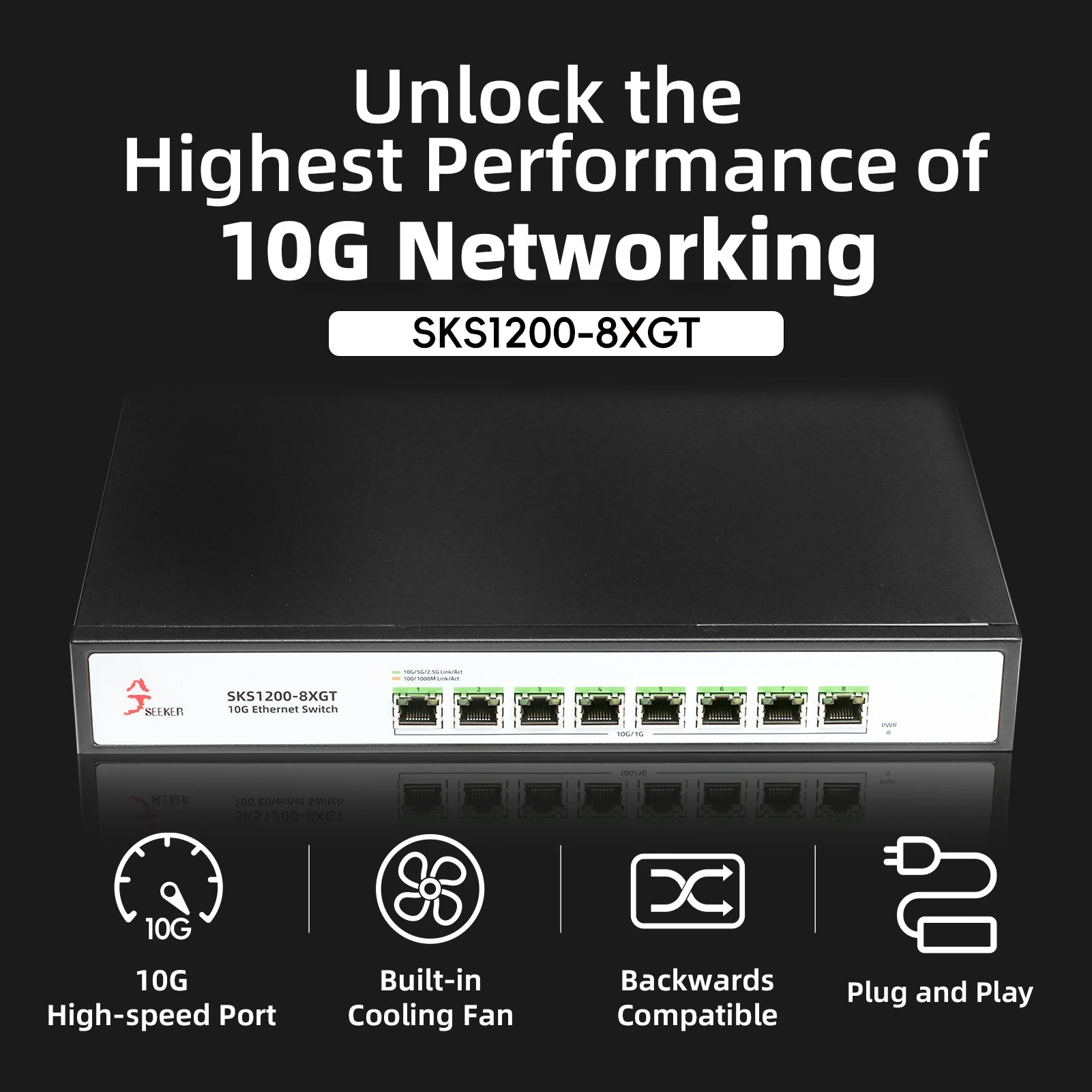 XikeStor 올 10 기가비트 이더넷 스위치, 네트워크 플러그 앤 플레이, 비관리형 스위치, RJ45 포트, 8*10gbps, 10gbe, 10000mbps, 10g 