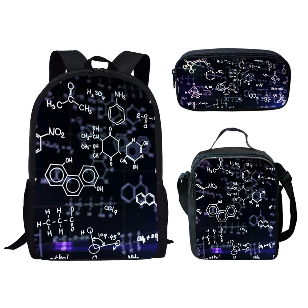 Classic Creative Chemistry chemical formula 3D Print 3pcs/Set pupil School Bags Laptop Daypack Backpack Lunch bag Pencil Case