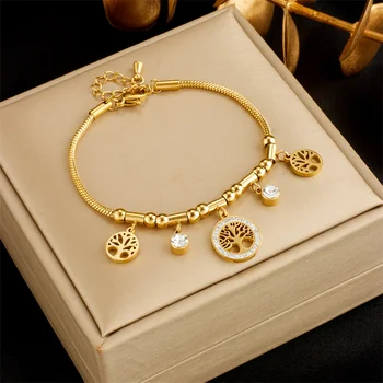 Pulseira elegante de aço inoxidável 316L com pingente de árvore dourada e pedra de zircônia brilhante para uso diário feminino 1