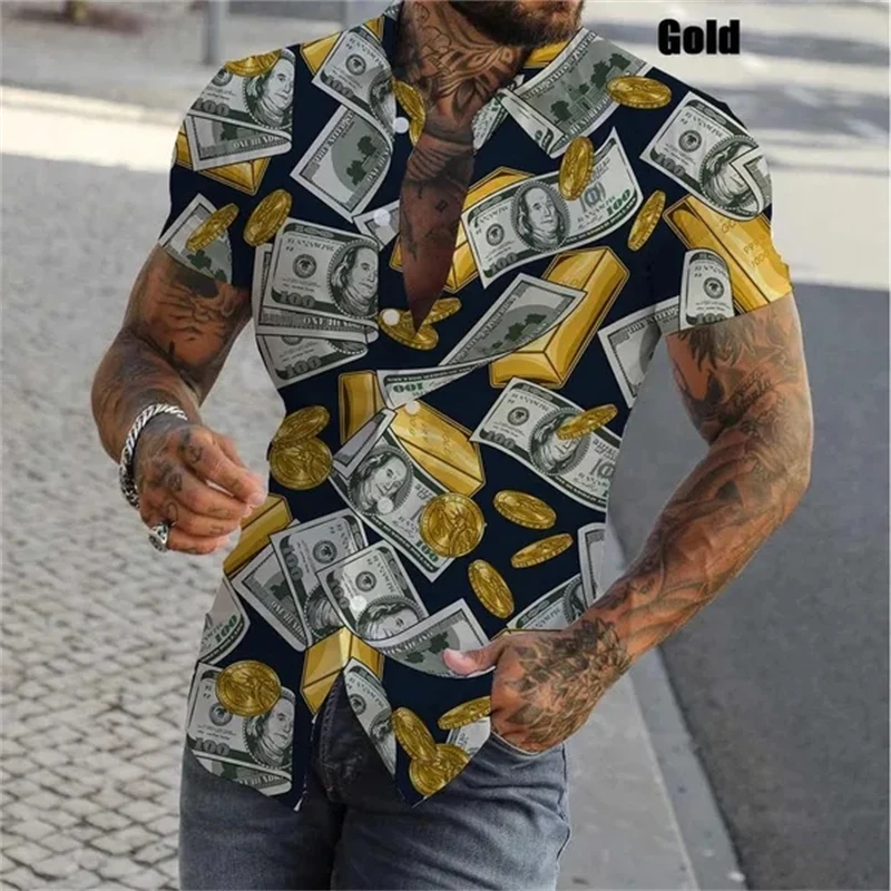 Camisas con estampado 3D de dólares para hombre, camisas casuales de verano de manga corta ajustadas con botones, blusas y tops para hombre
