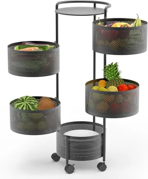 JAQ Rotating Fruit Basket, 5-Tier Metal Sturdy Kitchen Storage Rack Shelf Carts No Assembly on Rolling Wheels for Fruit