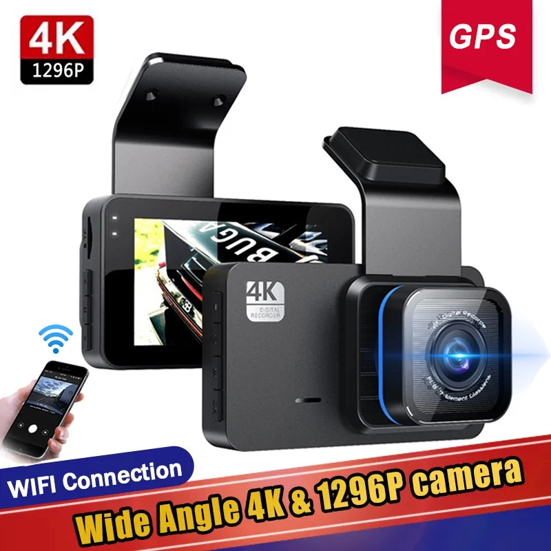 Автомобильный видеорегистратор, Wi-Fi, GPS, IPS, 4K и 1296P, регистратор с двумя объективами, автомобильная камера, видеорегистратор, 24-часовой монитор парковки