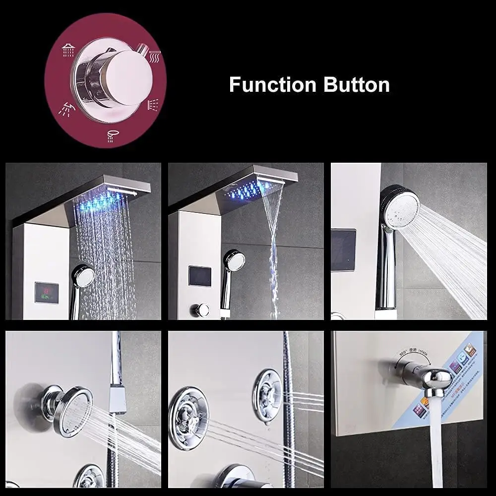 Contemporary Shower Panel Tower System Stainless Steel 6-Function Faucet LED Rainfall Waterfall Shower Head + Handheld Spray