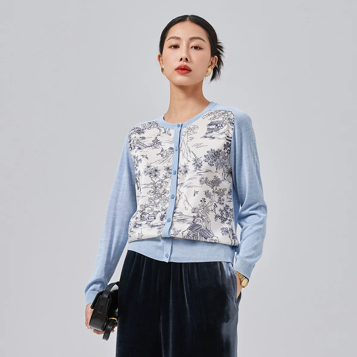

23 Spring New Silk Round Neck Knitted Cardigan Women's Needle Shuttle Splice National Style Printed Long Sleeve Top Women