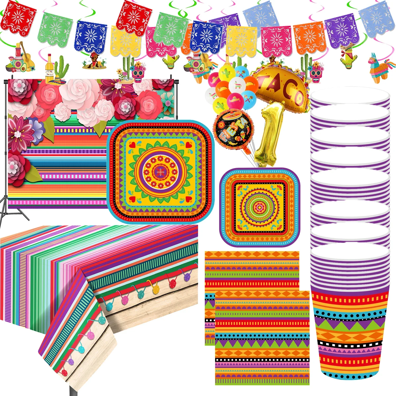 

Mexican Birthday Party Supplies Set Plates Cups Napkins Tablecloth Banner for Cinco de Mayo Fiesta Themed Party Decorations