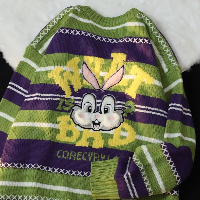 

Высококачественные винтажные милые Мультяшные Полосатые свитера оверсайз с вышивкой для мужчин и женщин розовая зеленая кавайная одежда корейские зимние топы