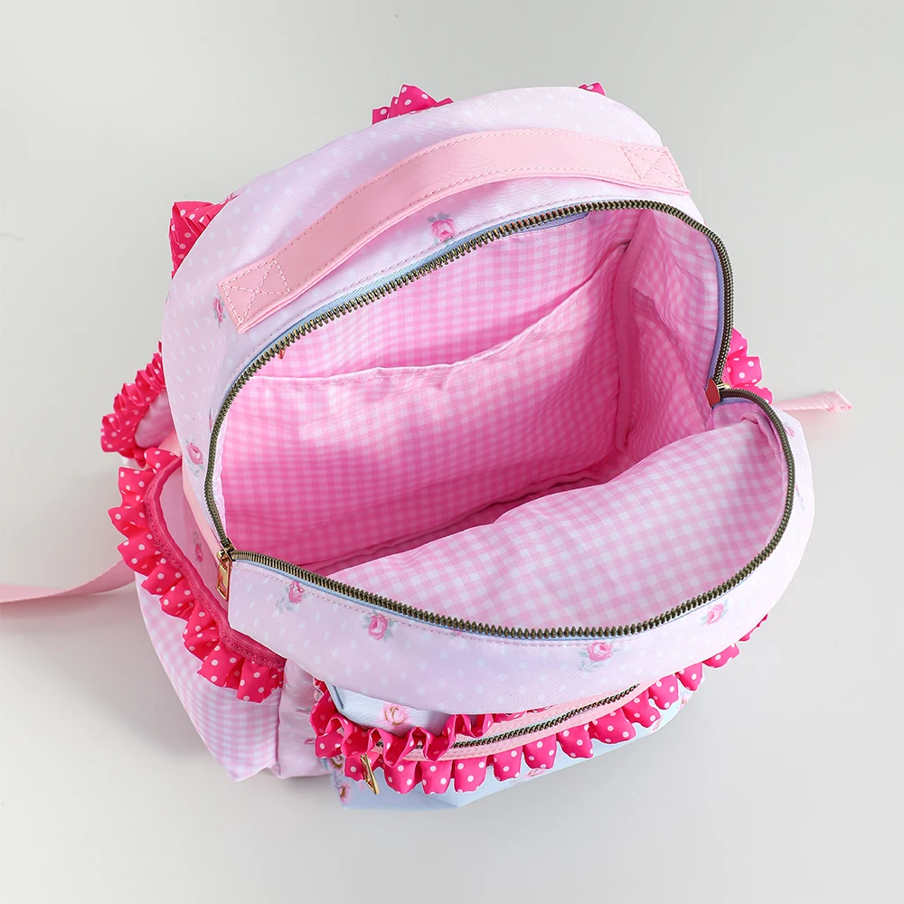 Ruffle Girls Backpack Floral Canvas Polka Dot Plaid Lining Large Capacity Pink Cute Back To School