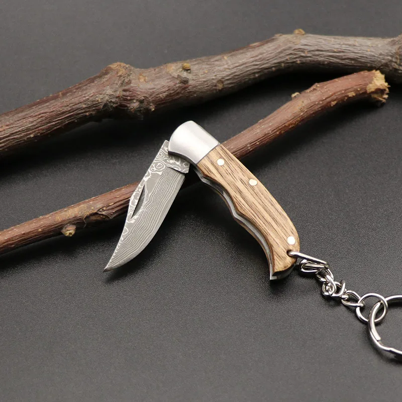 Damascus Knife Wooden Handle Folding Knife Outdoor Camping Portable Portable Mini Key Buckle Multi-functional Emergency Rescue